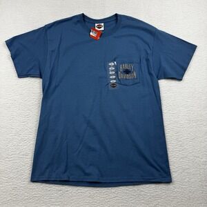 Harley Davidson T Shirt Mens L Blue Pocket Biker Casual Retro Savannah GA